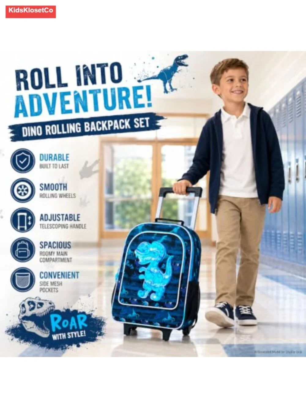 Rolling Backpack for Boys, Wheeled Bookbag with Lunch Box and Pencil Case, Kids